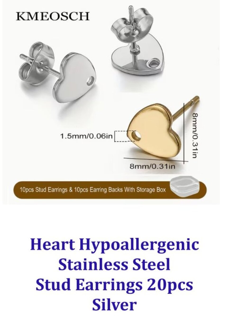 Silver Hypoallergenic Stainless Steel Heart-Shaped Stud Earrings  10 Pairs